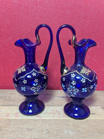 Vintage Blue Glass Pair of Jugs