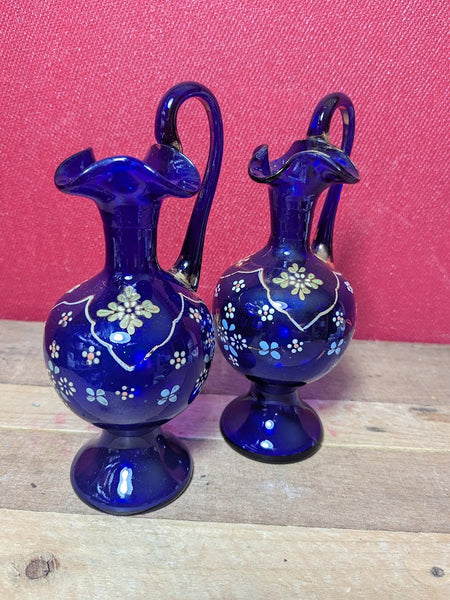 Vintage Blue Glass Pair of Jugs
