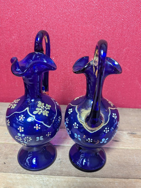 Vintage Blue Glass Pair of Jugs