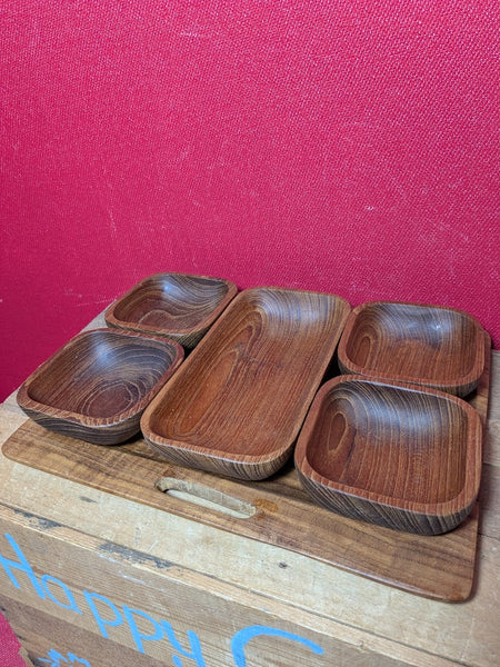 Mid Century Wooden Nibbles Tray with 5 Dishes