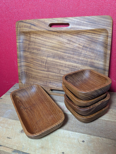 Mid Century Wooden Nibbles Tray with 5 Dishes