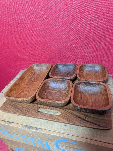 Mid Century Wooden Nibbles Tray with 5 Dishes