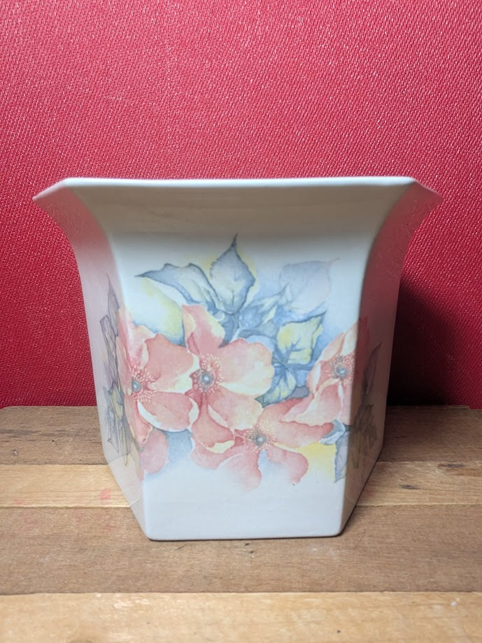White Flower Pot With Floral Design