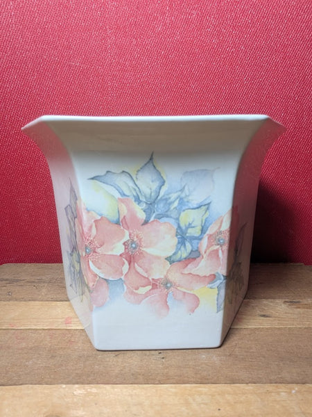 White Flower Pot With Floral Design