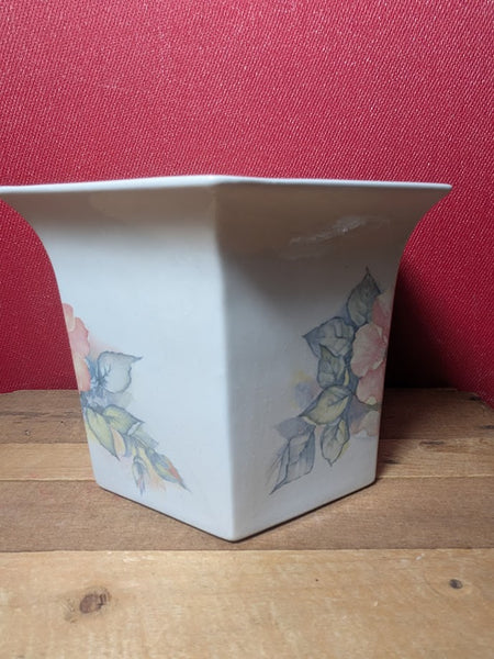 White Flower Pot With Floral Design