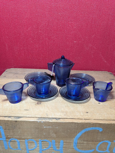 Akro Agate Cobalt Blue Glass Play Tea Set