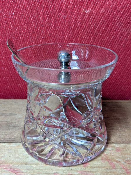 Cut Glass Preserve Jar with Silver Platted Lid and Spoon