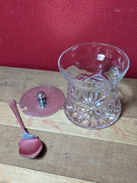Cut Glass Preserve Jar with Silver Platted Lid and Spoon