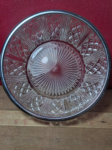 Vintage Pressed Glass Bowl with Sliver Rim