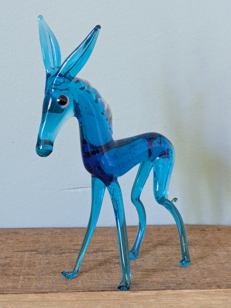 Vintage Hand Made Glass Blue Donkey