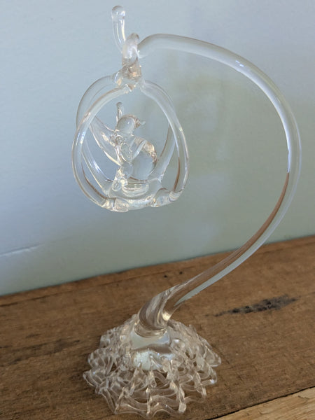 Vintage Hand Made Clear Glass Bird in Hanging Bird Cage