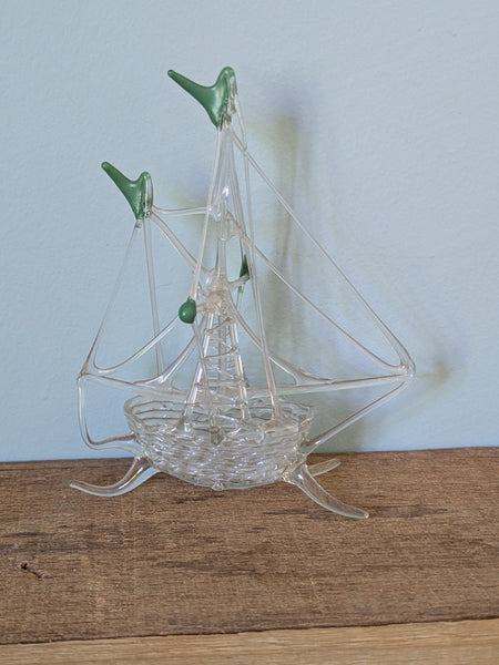 Vintage Hand Made Clear and Green Glass Ship