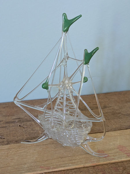 Vintage Hand Made Clear and Green Glass Ship