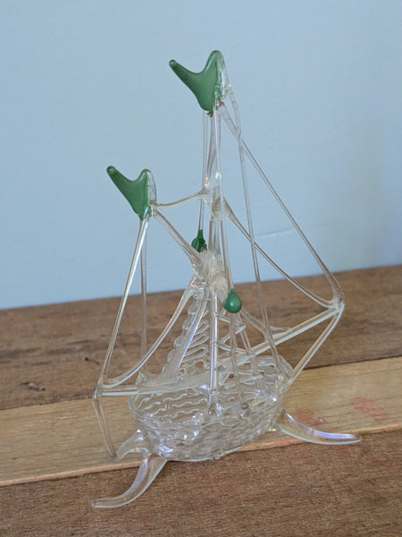 Vintage Hand Made Clear and Green Glass Ship
