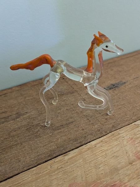 Vintage Hand Made Clear Glass Horse With Orange Tail and Mane
