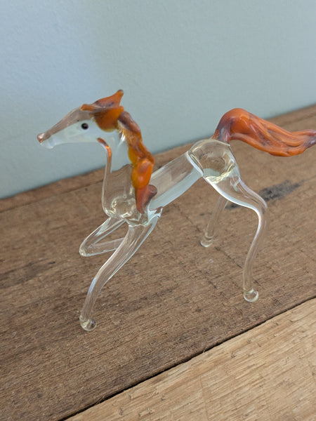 Vintage Hand Made Clear Glass Horse With Orange Tail and Mane
