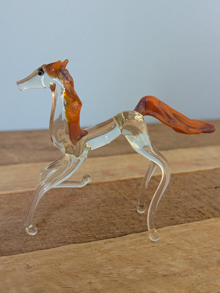 Vintage Hand Made Clear Glass Horse With Orange Tail and Mane