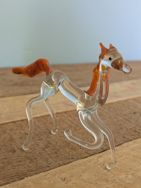 Vintage Hand Made Clear Glass Horse With Orange Tail and Mane