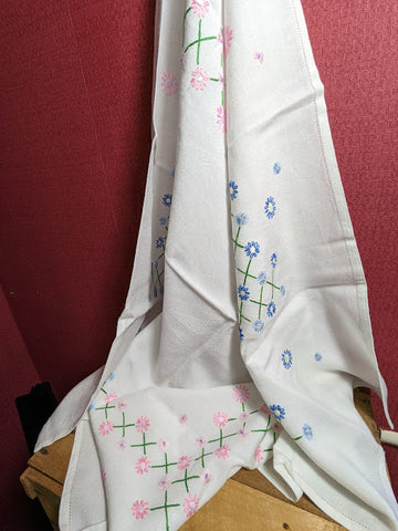 White Table Cloth with Hand Stitched Pink and Blue Flowers